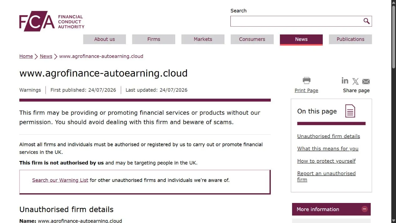 Скриншот официального сообщения FCA по делу www.agrofinance-autoearning.cloud
