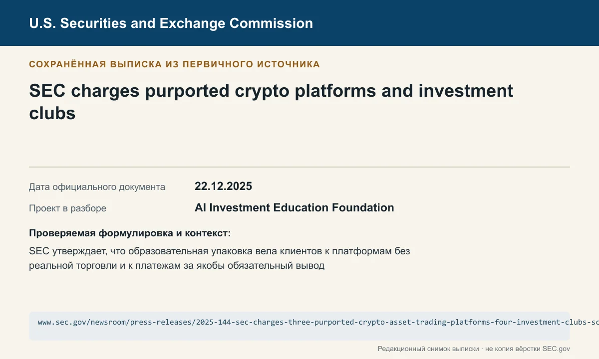Снимок сохранённой выписки из сообщения SEC по делу AI Investment Education Foundation