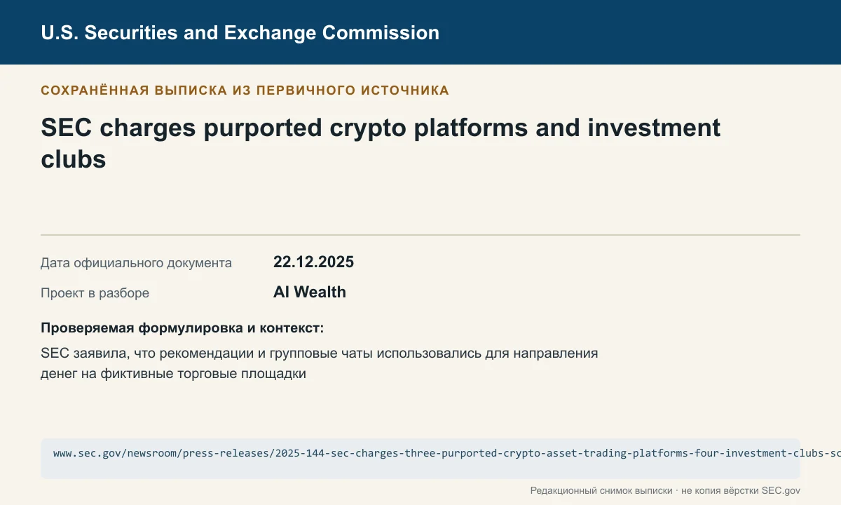 Снимок сохранённой выписки из сообщения SEC по делу AI Wealth