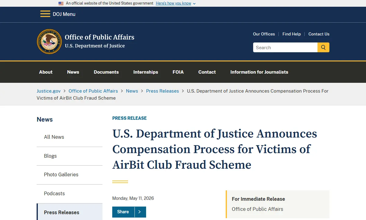 Скриншот официального сообщения Минюст США по делу AirBit Club