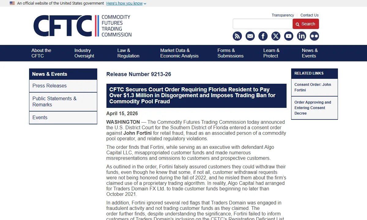 Скриншот официального сообщения CFTC по делу Algo Capital