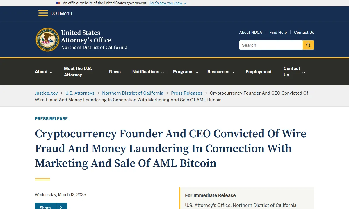 Скриншот официального сообщения Прокуратура NDCA по делу AML Bitcoin