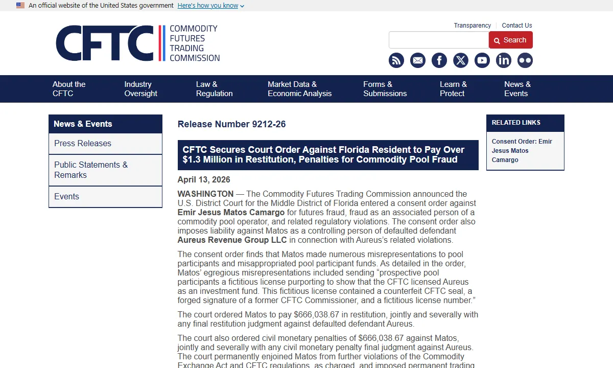 Скриншот официального сообщения CFTC по делу Aureus Revenue Group