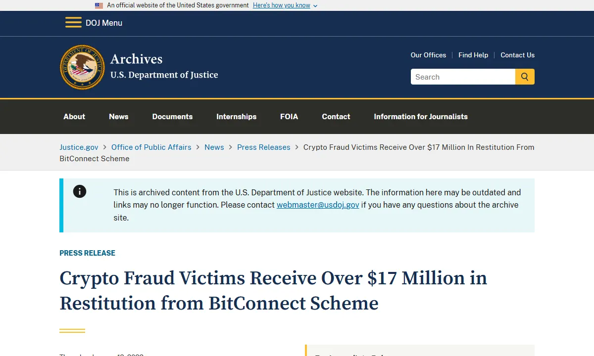 Скриншот официального сообщения Минюст США по делу BitConnect