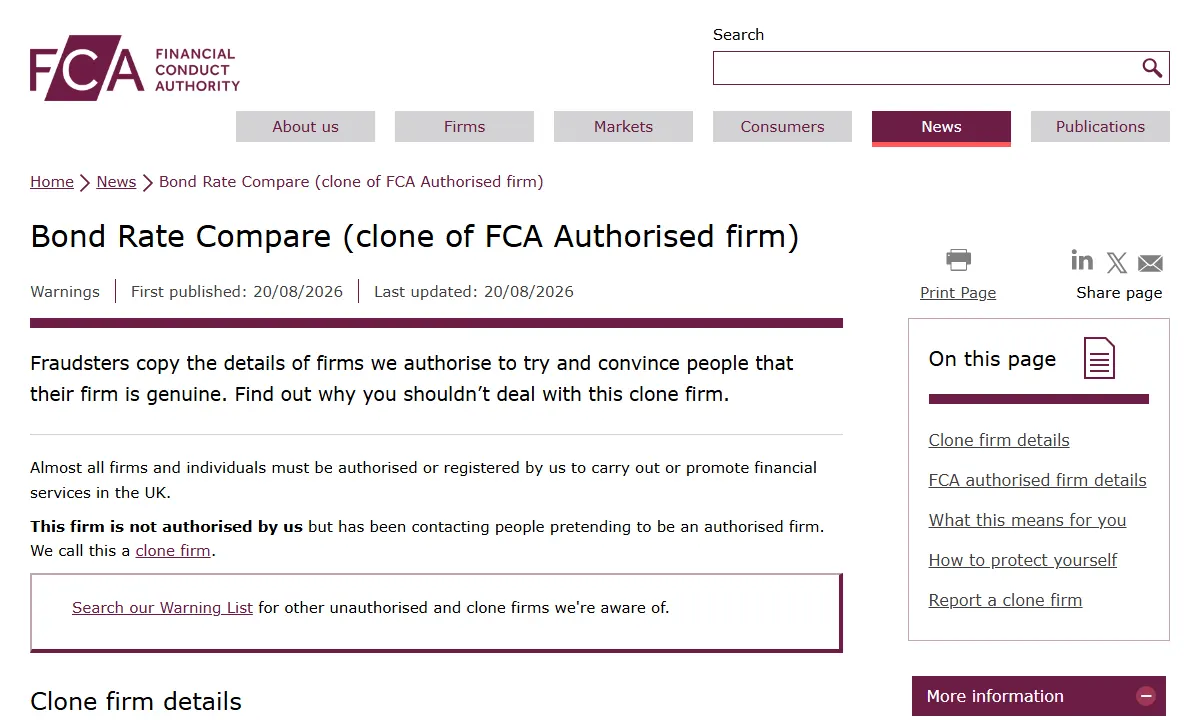 Скриншот официального сообщения FCA по делу Bond Rate Compare