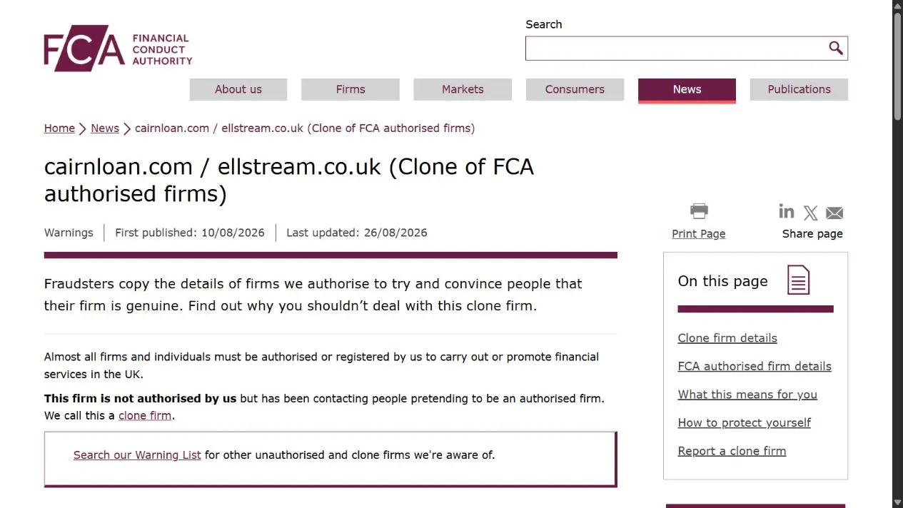 Скриншот официального сообщения FCA по делу cairnloan.com / ellstream.co.uk