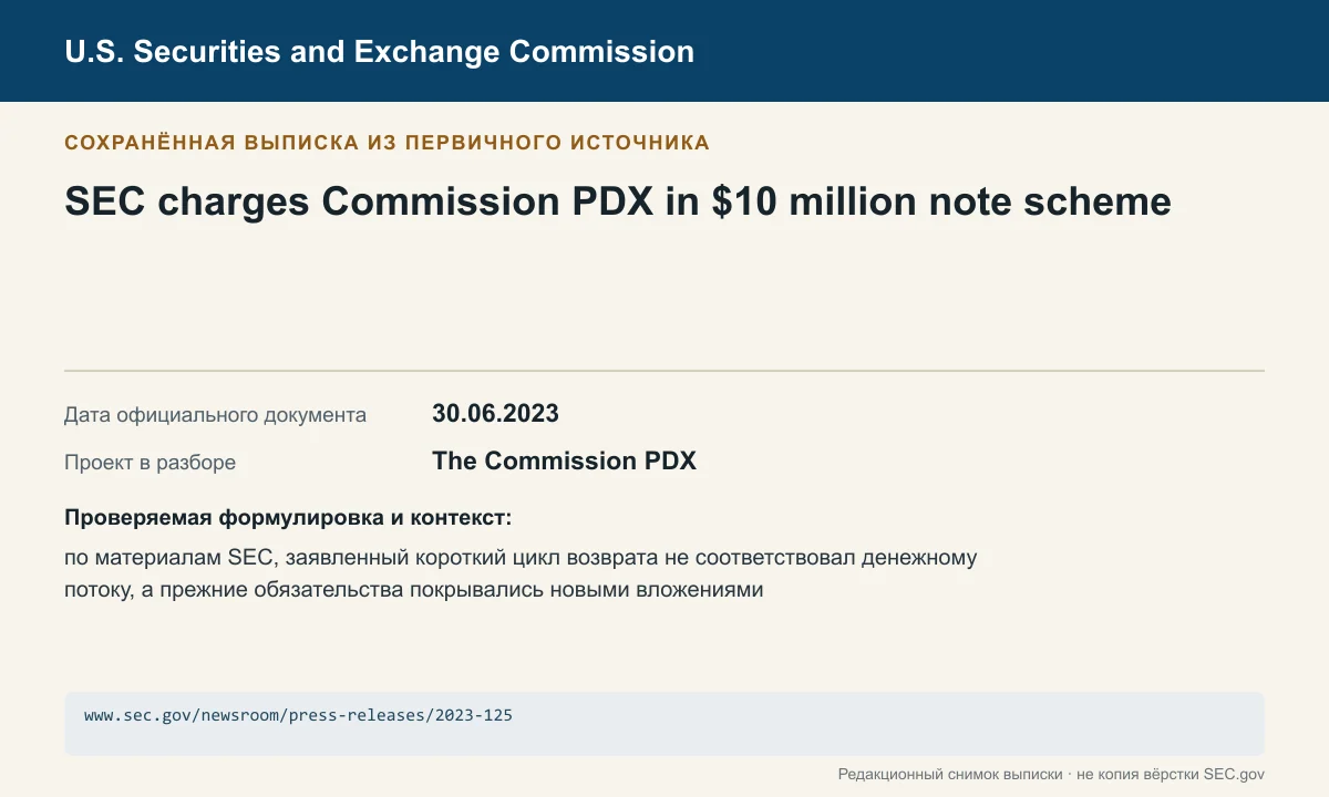 Снимок сохранённой выписки из сообщения SEC по делу The Commission PDX