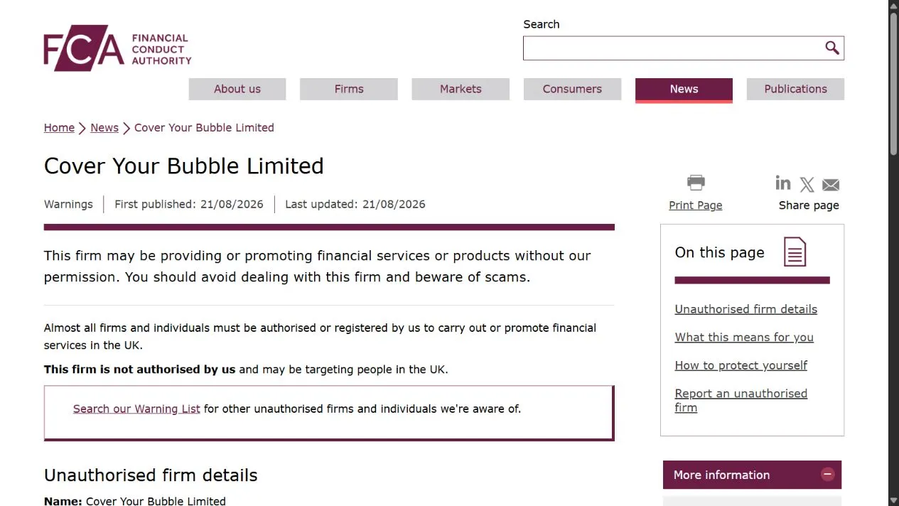 Скриншот официального сообщения FCA по делу Cover Your Bubble Limited