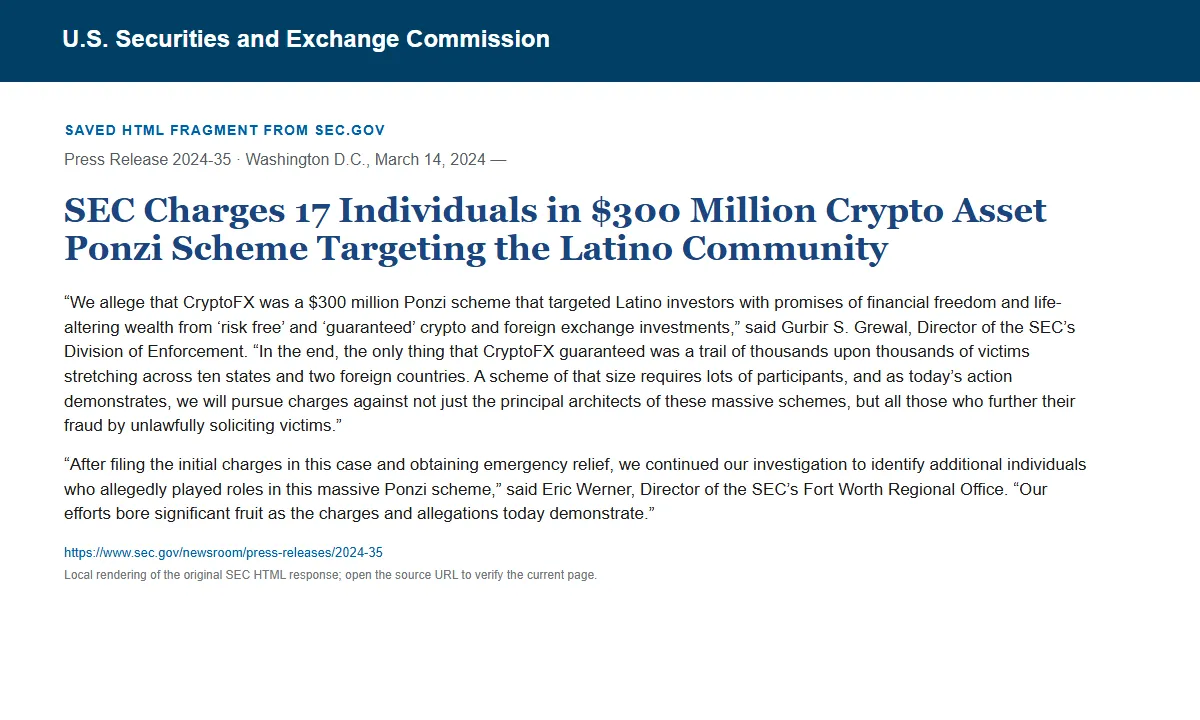 Снимок сохранённого HTML-фрагмента сообщения SEC по делу CryptoFX