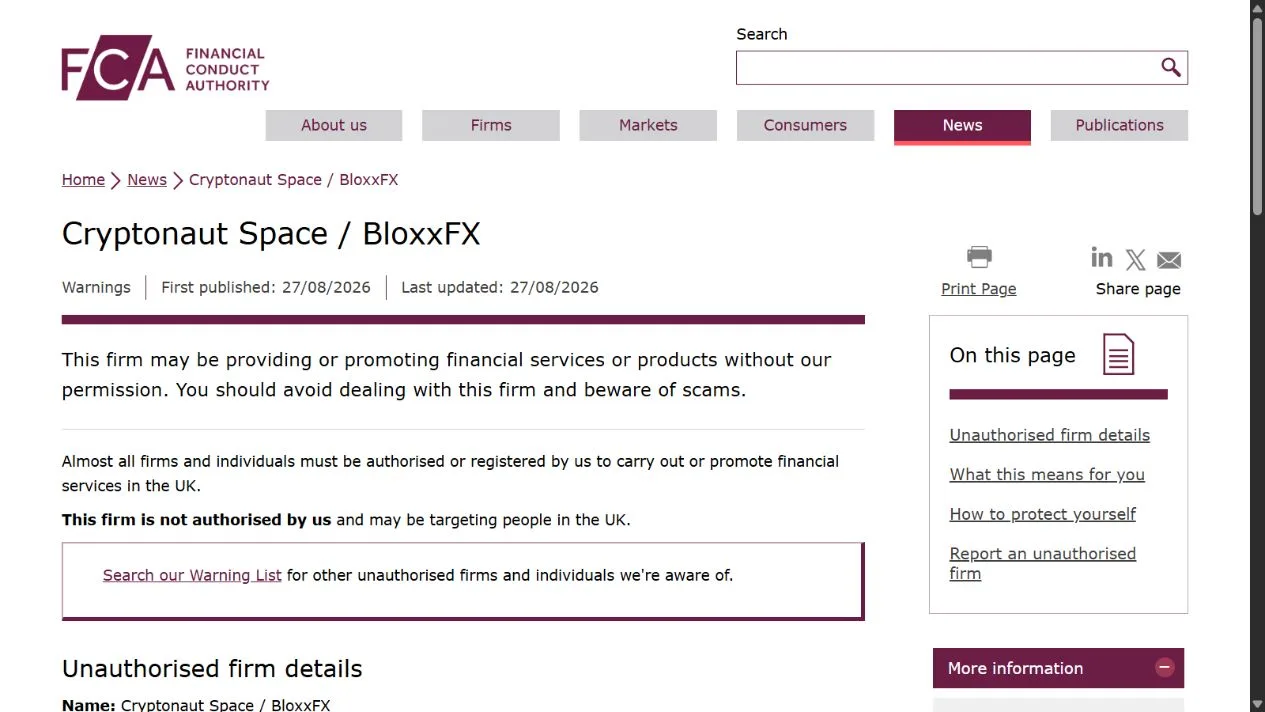 Скриншот официального сообщения FCA по делу Cryptonaut Space / BloxxFX