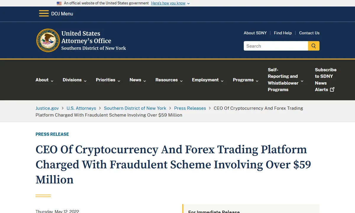 Скриншот официального сообщения Прокуратура SDNY по делу EminiFX