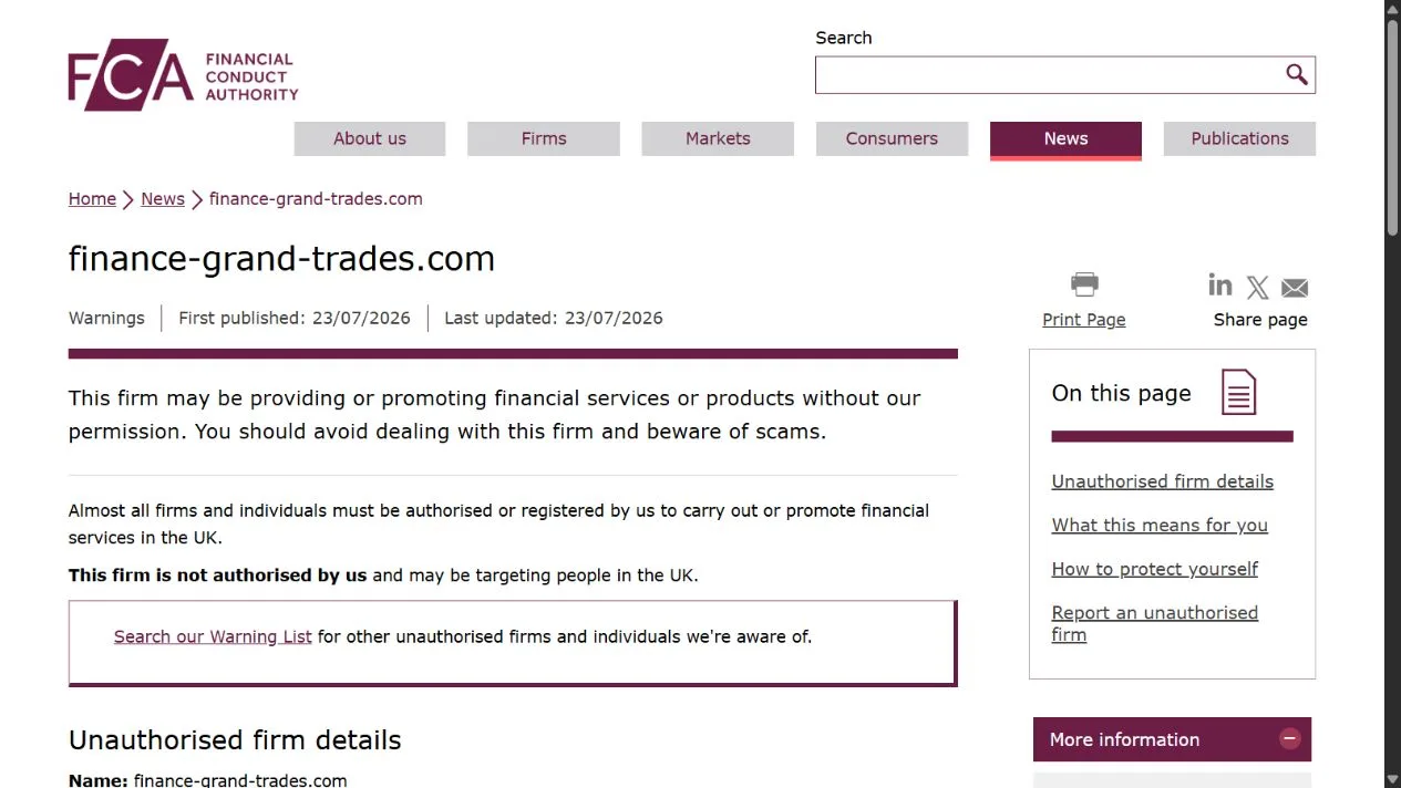 Скриншот официального сообщения FCA по делу finance-grand-trades.com