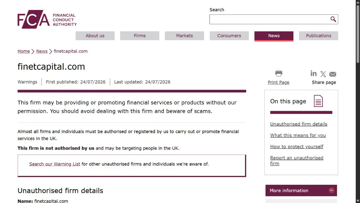 Скриншот официального сообщения FCA по делу finetcapital.com