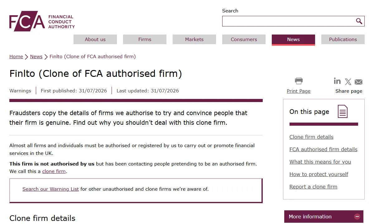 Скриншот официального сообщения FCA по делу Finlto