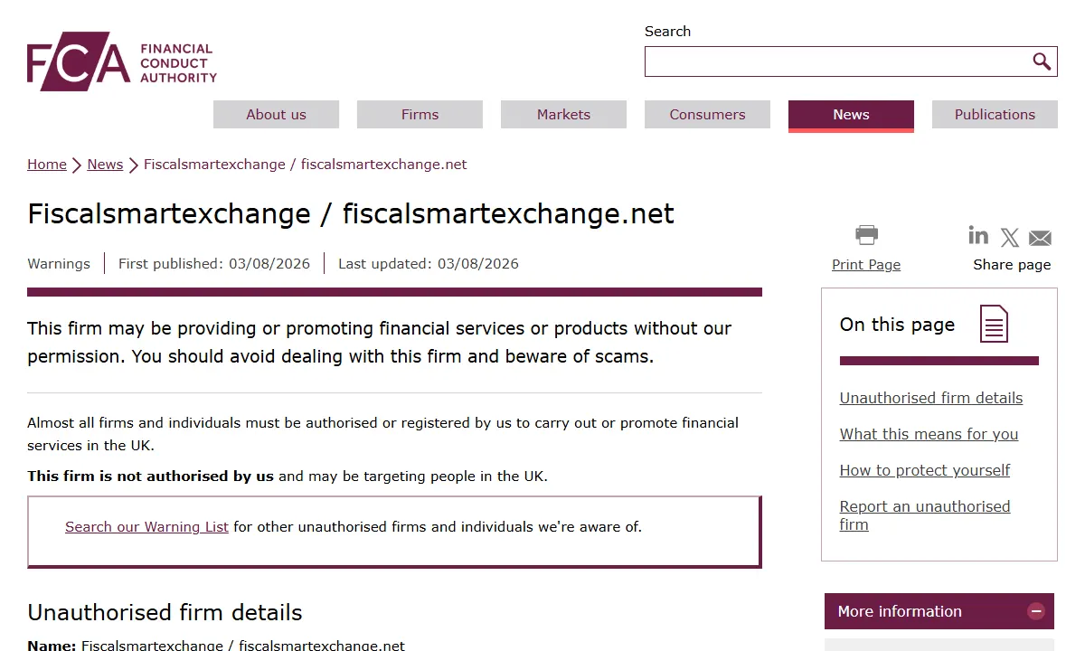 Скриншот официального сообщения FCA по делу Fiscalsmartexchange