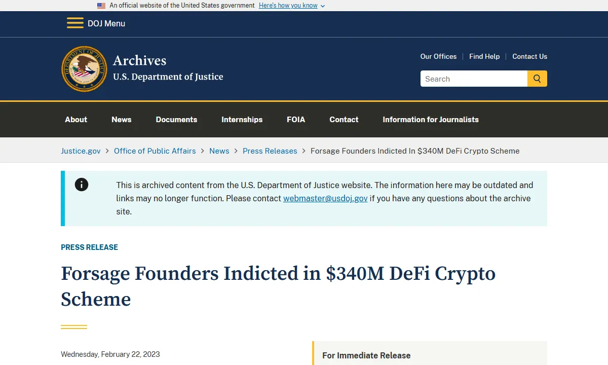 Скриншот официального сообщения Минюст США по делу Forsage