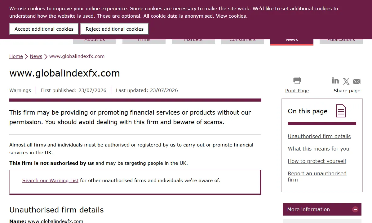 Скриншот официального сообщения FCA по делу www.globalindexfx.com