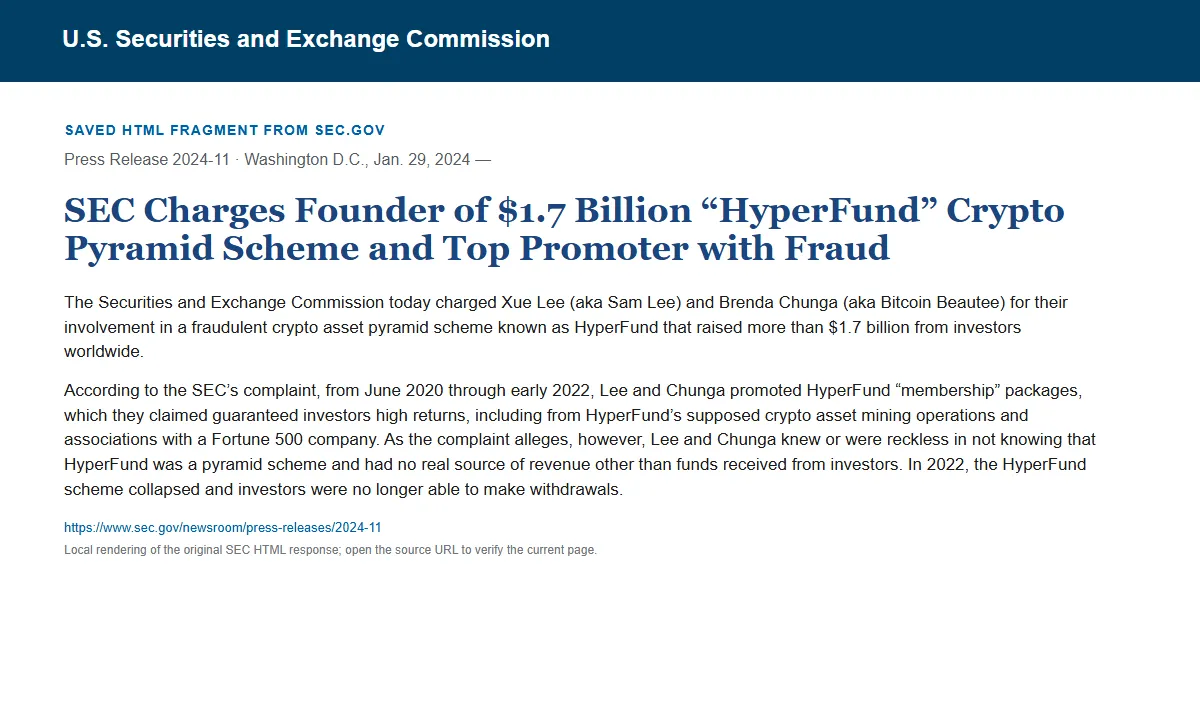 Снимок сохранённого HTML-фрагмента сообщения SEC по делу HyperFund