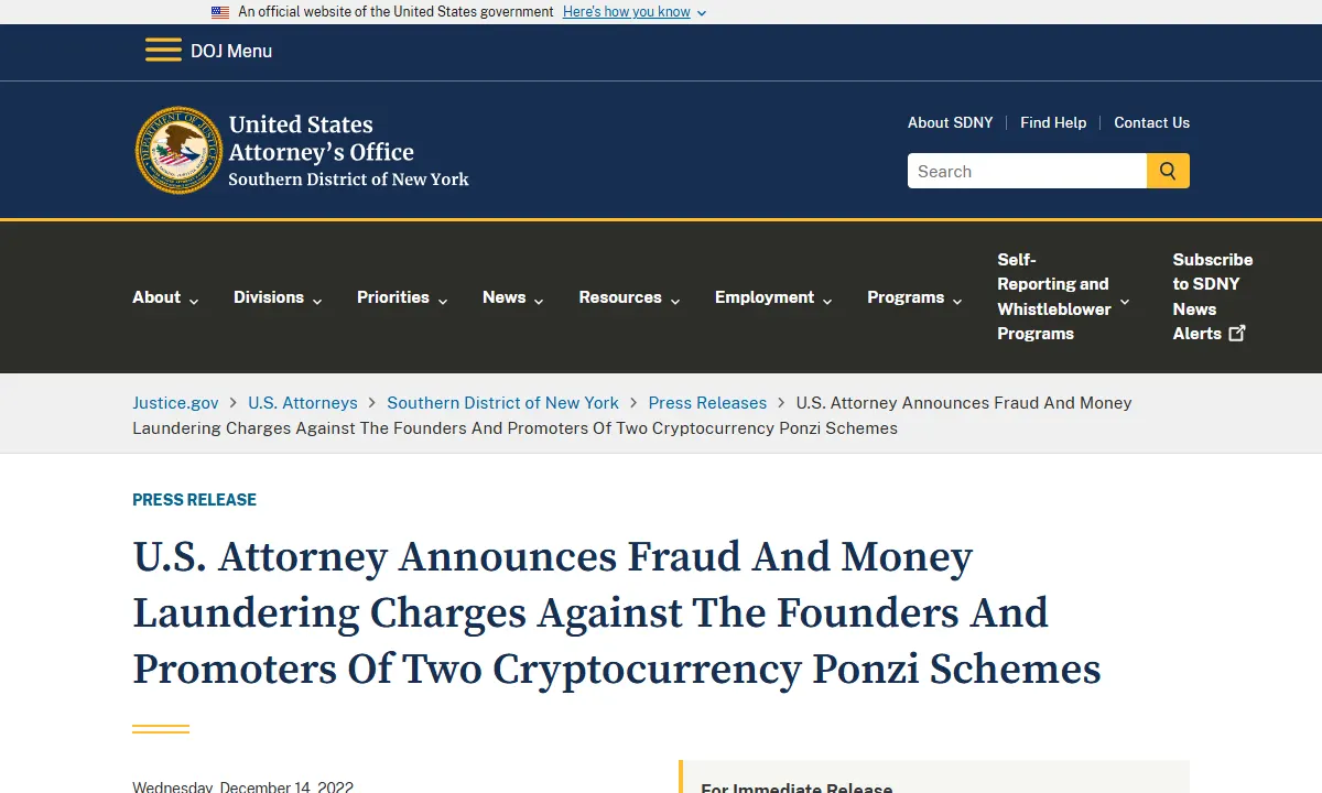 Скриншот официального сообщения Прокуратура SDNY по делу IcomTech