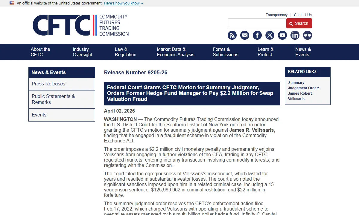 Скриншот официального сообщения CFTC по делу Infinity Q Capital Management