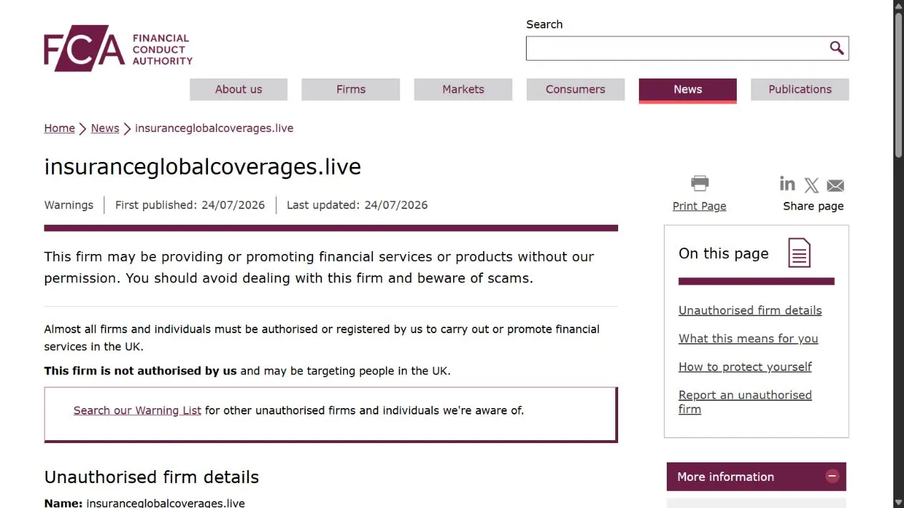 Скриншот официального сообщения FCA по делу insuranceglobalcoverages.live