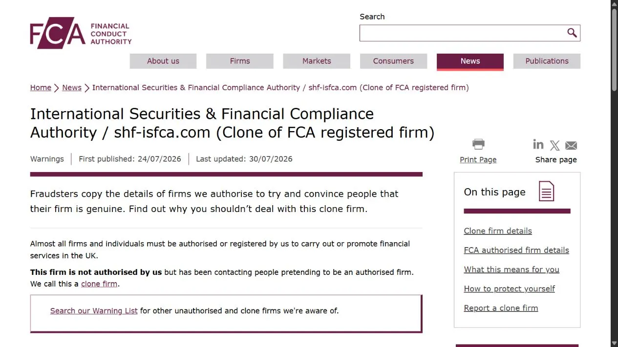 Скриншот официального сообщения FCA по делу International Securities & Financial Compliance Authority / shf-isfca.com