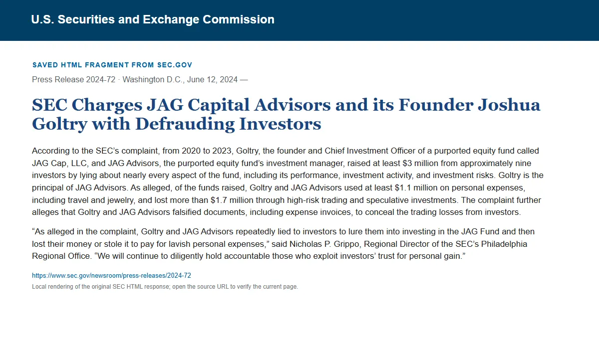 Снимок сохранённого HTML-фрагмента сообщения SEC по делу JAG Capital Advisors