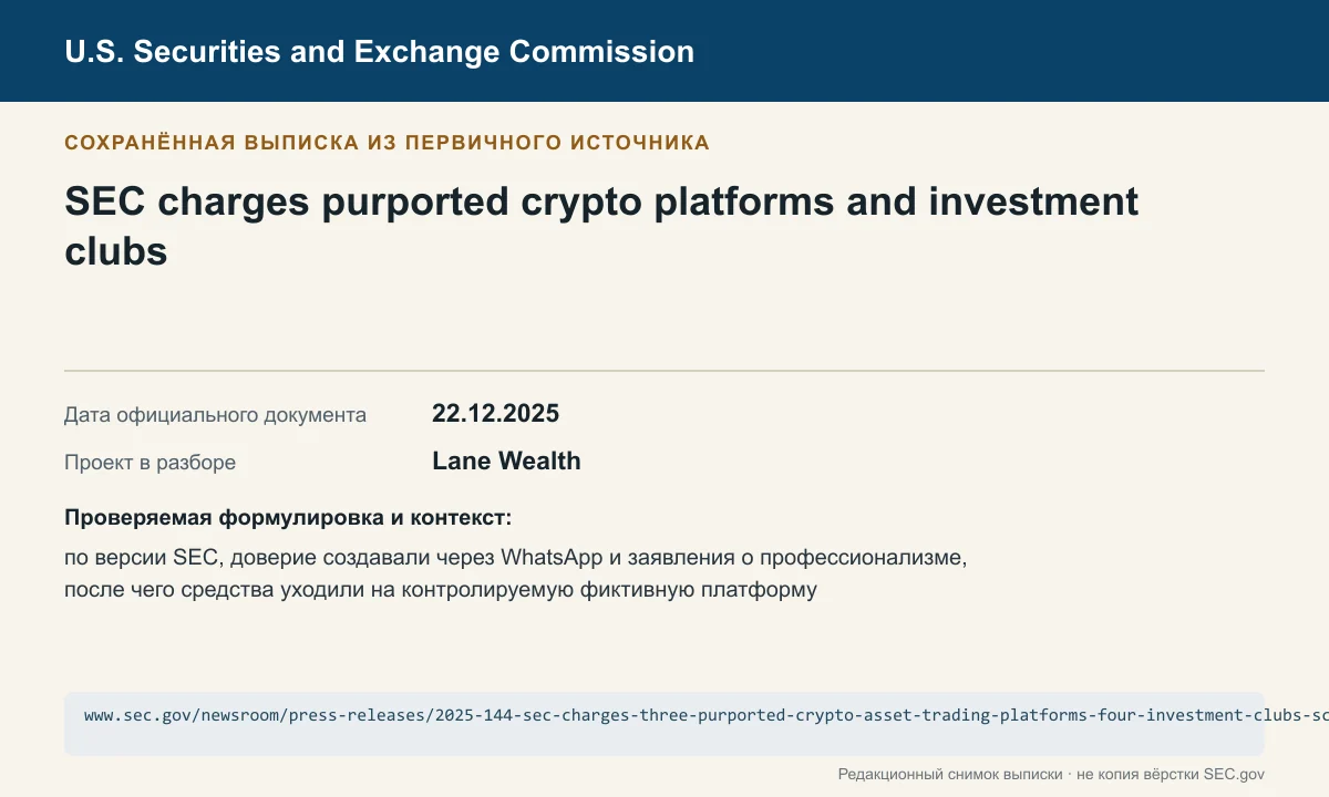 Снимок сохранённой выписки из сообщения SEC по делу Lane Wealth