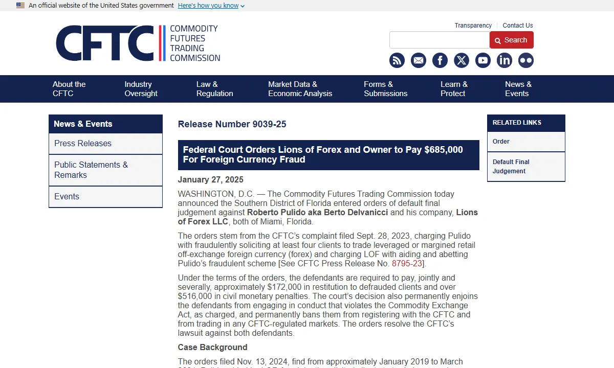 Скриншот официального сообщения CFTC по делу Lions of Forex