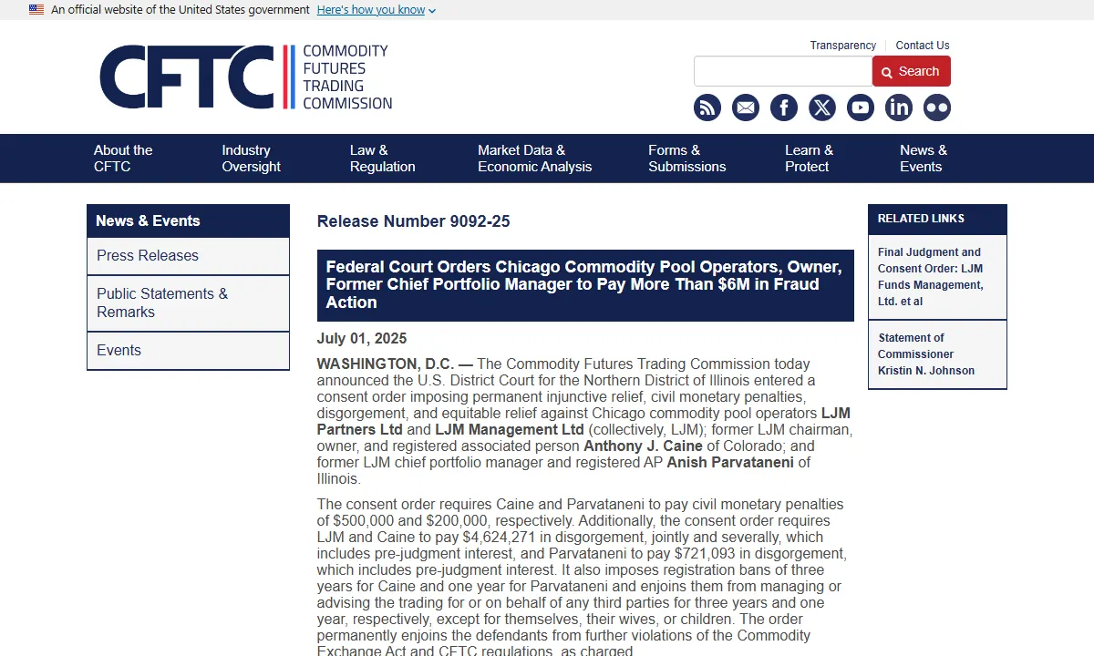 Скриншот официального сообщения CFTC по делу LJM Management
