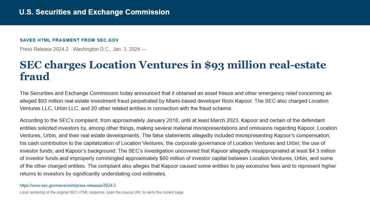 Снимок сохранённого HTML-фрагмента сообщения SEC по делу Location Ventures / Urbin