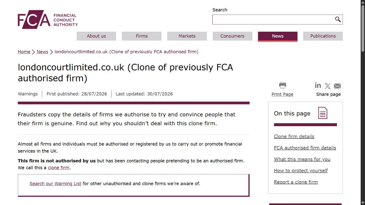 Скриншот официального сообщения FCA по делу londoncourtlimited.co.uk