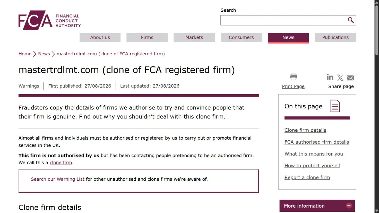 Скриншот официального сообщения FCA по делу mastertrdlmt.com