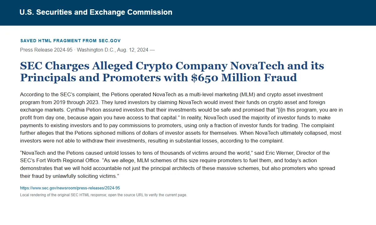 Снимок сохранённого HTML-фрагмента сообщения SEC по делу NovaTech