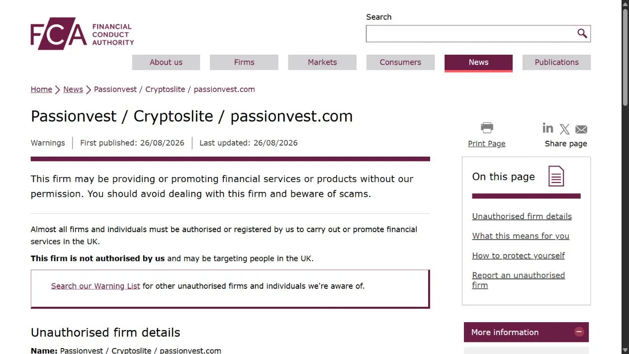 Скриншот официального сообщения FCA по делу Passionvest / Cryptoslite / passionvest.com