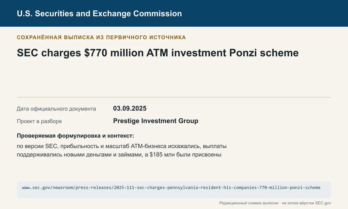 Снимок сохранённой выписки из сообщения SEC по делу Prestige Investment Group