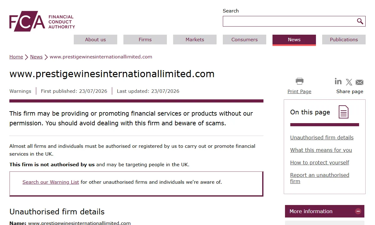 Скриншот официального сообщения FCA по делу www.prestigewinesinternationallimited.com