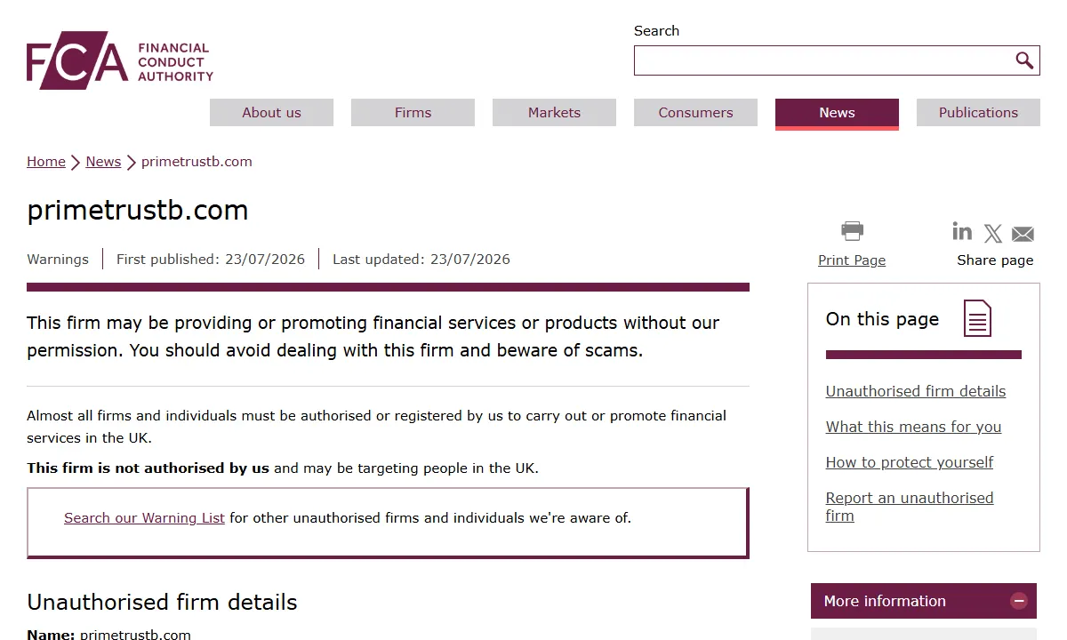 Скриншот официального сообщения FCA по делу primetrustb.com