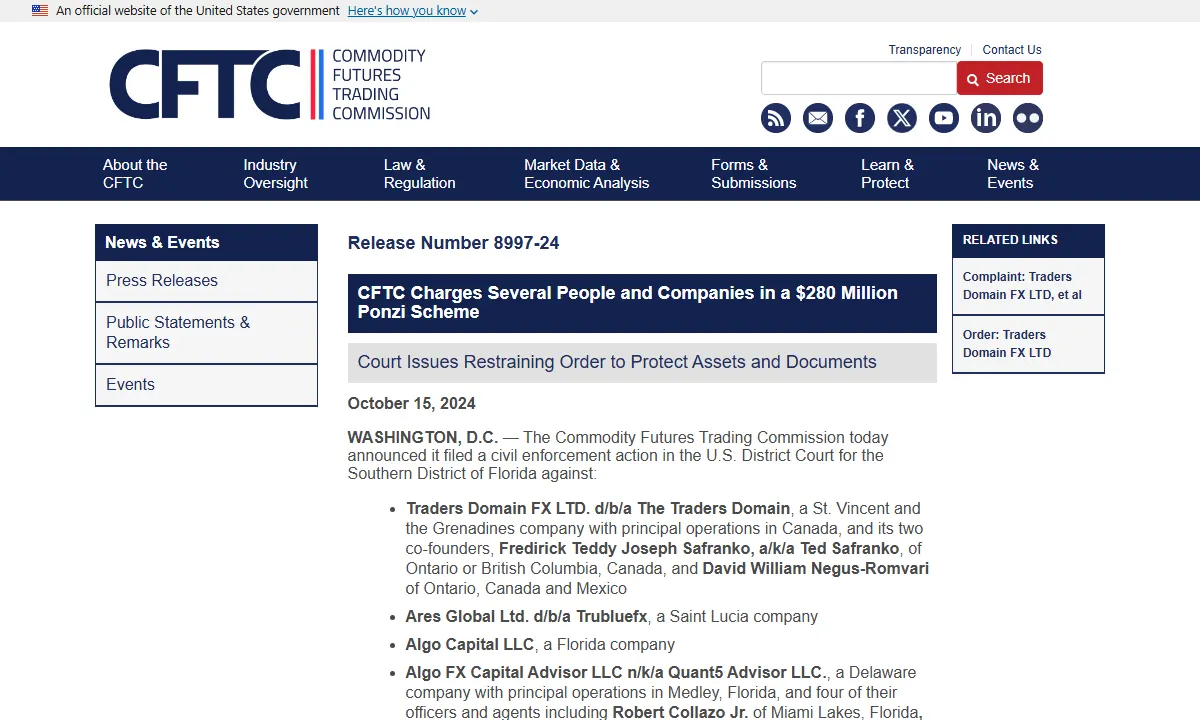 Скриншот официального сообщения CFTC по делу Quant5 Advisor