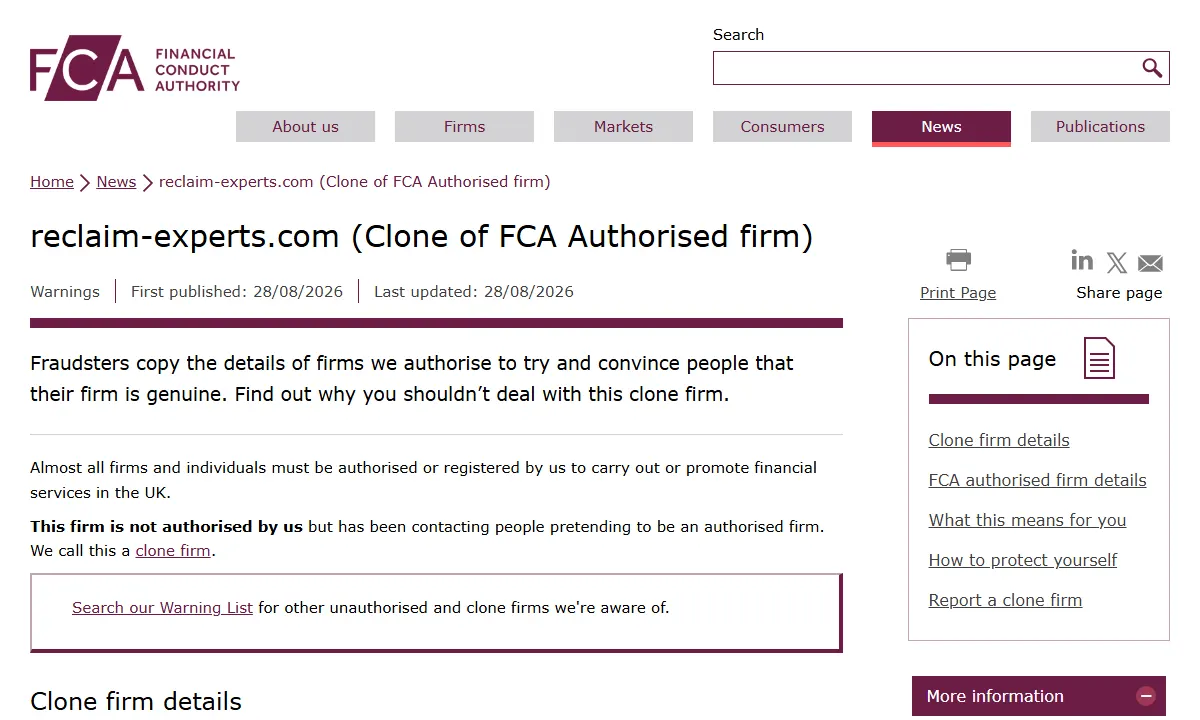 Скриншот официального сообщения FCA по делу reclaim-experts.com