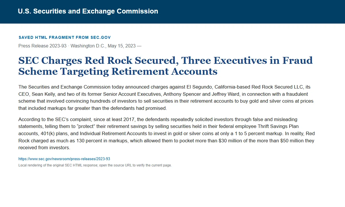Снимок сохранённого HTML-фрагмента сообщения SEC по делу Red Rock Secured