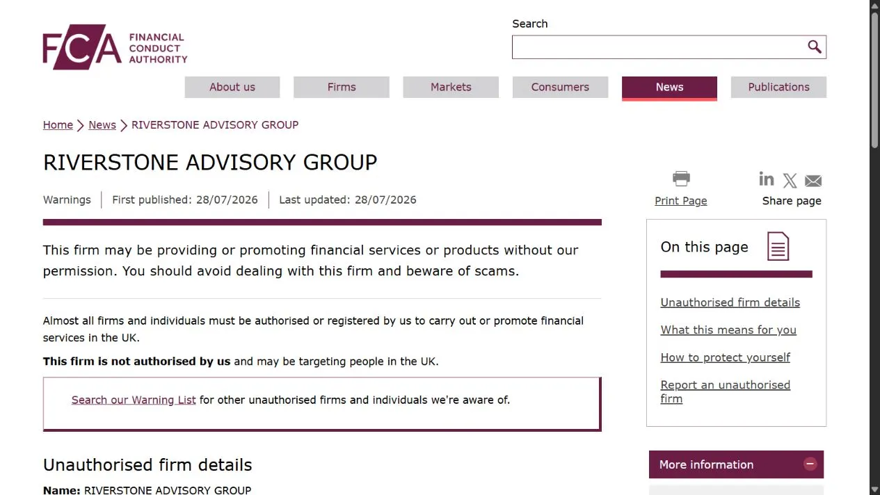 Скриншот официального сообщения FCA по делу RIVERSTONE ADVISORY GROUP