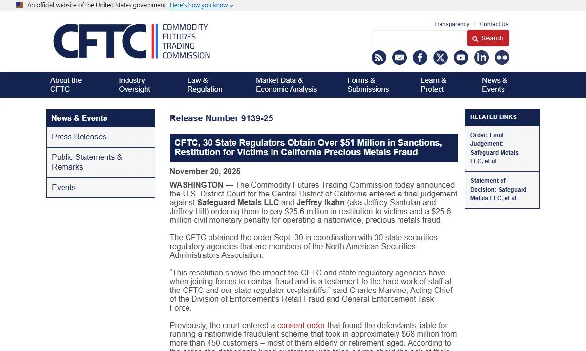 Скриншот официального сообщения CFTC по делу Safeguard Metals