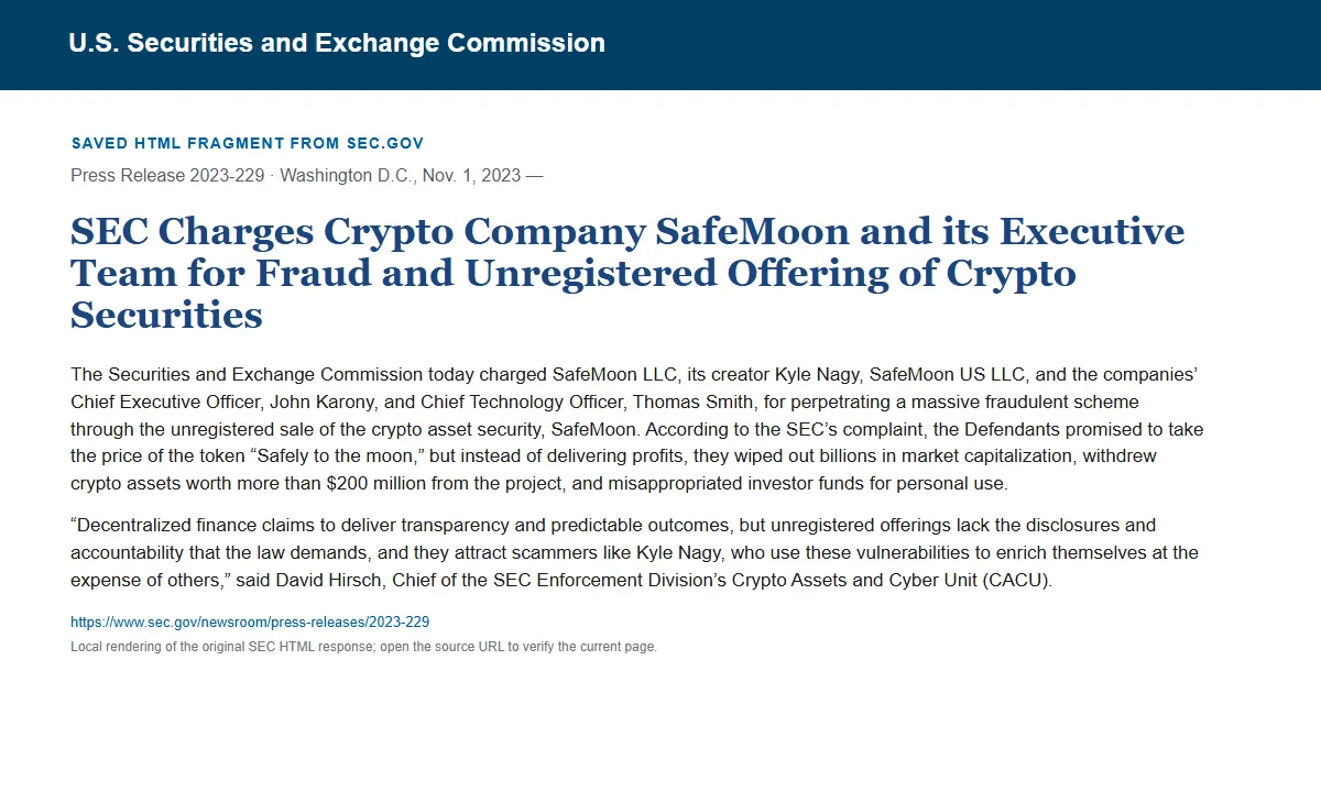 Снимок сохранённого HTML-фрагмента сообщения SEC по делу SafeMoon