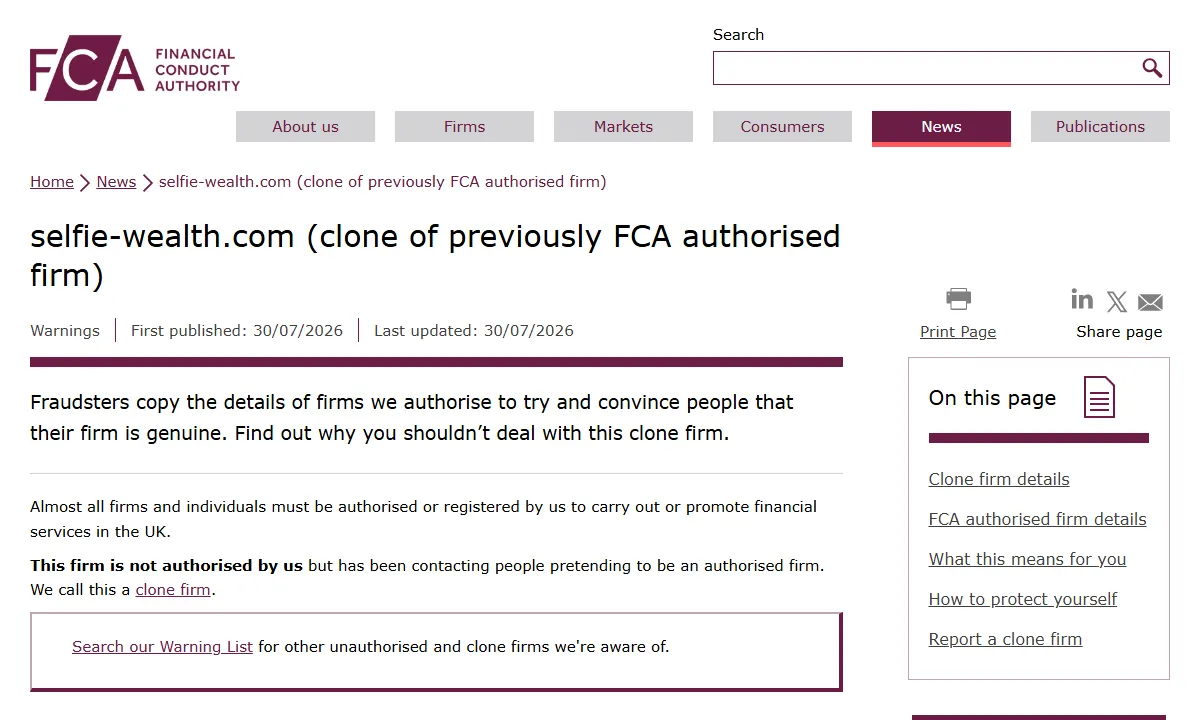 Скриншот официального сообщения FCA по делу selfie-wealth.com