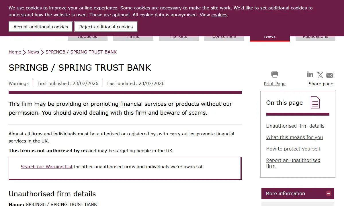 Скриншот официального сообщения FCA по делу SPRINGB / SPRING TRUST BANK