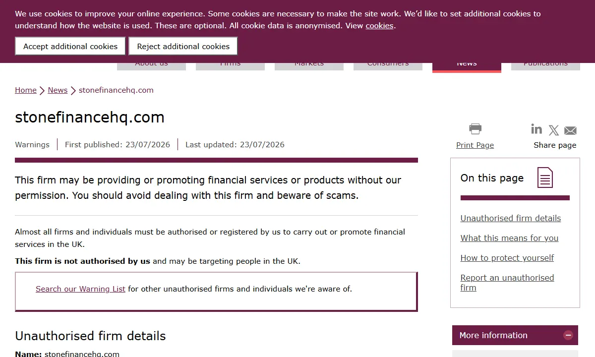 Скриншот официального сообщения FCA по делу stonefinancehq.com