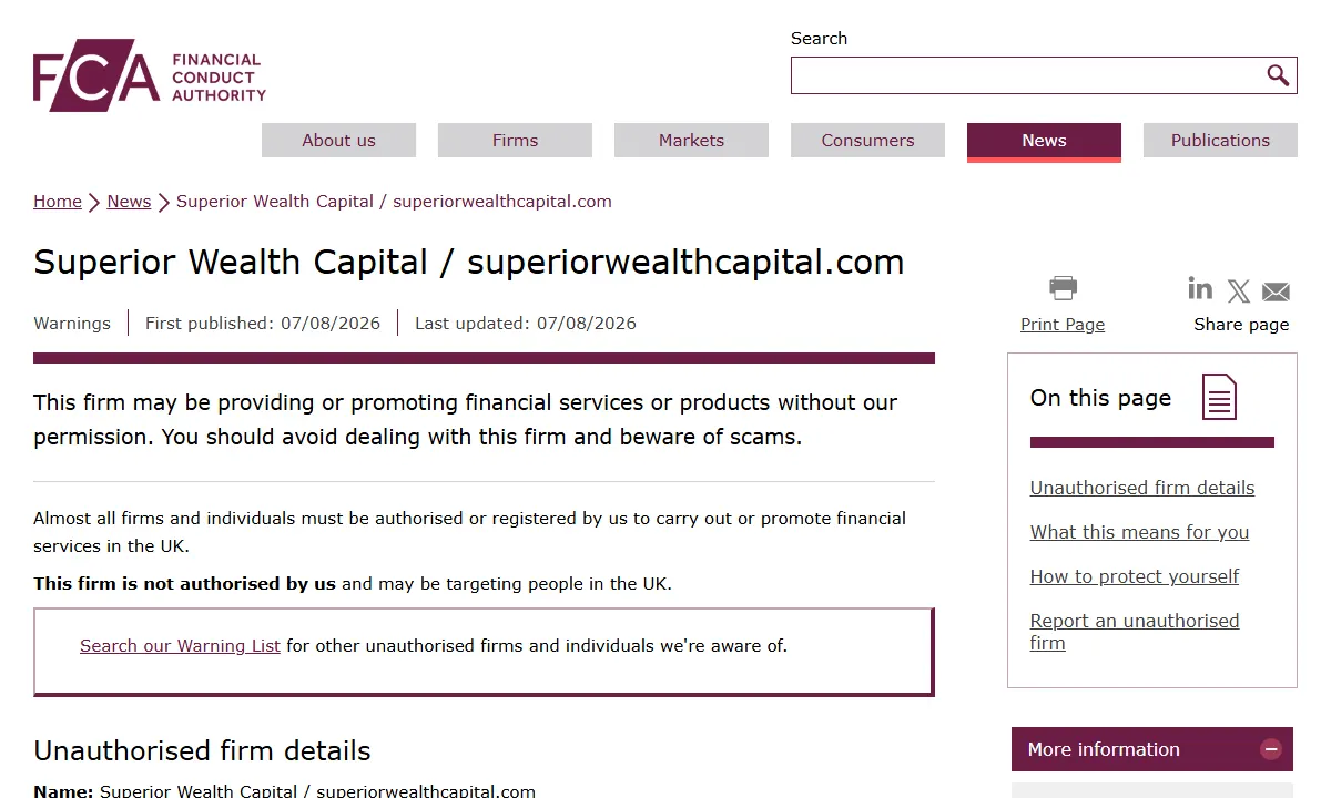 Скриншот официального сообщения FCA по делу Superior Wealth Capital