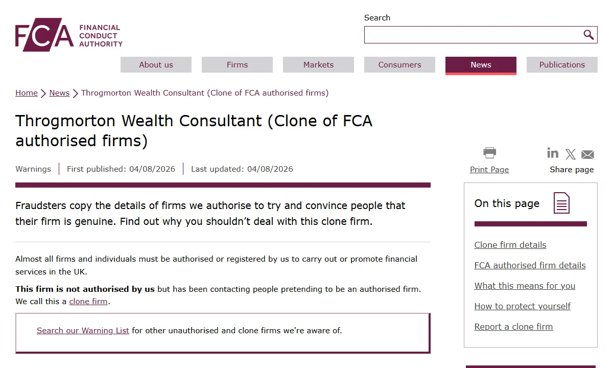 Скриншот официального сообщения FCA по делу Throgmorton Wealth Consultant