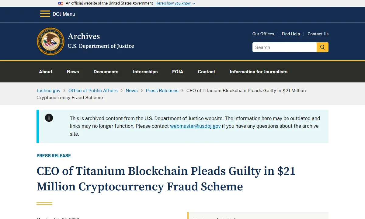 Скриншот официального сообщения Минюст США по делу Titanium Blockchain (TBIS)